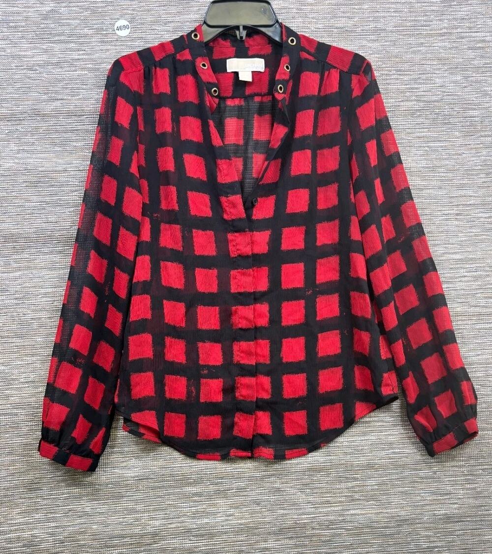 MICHAEL Michael Kors Buffalo Plaid Red Black Plaid Button-Up V-Neck Blouse Sz M